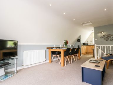 A living room with a dining table set for six chairs a television on a glass stand and a small coffee table at Valley Lodge 52 in Callington