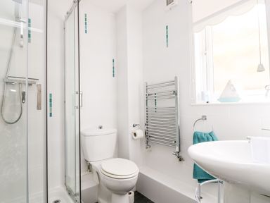 A bathroom with a shower enclosure toilet radiator sink and window at Valley Lodge 52 in Callington