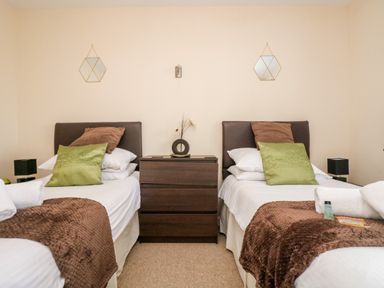 A bedroom with two single beds each with green and brown pillows and brown blankets with a wooden chest of drawers between them at Valley Lodge 52 in Callington