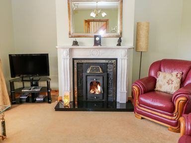 A living room with a fireplace a television on a stand a red armchair and a floor lamp at The Blue Annex The Spa near Tralee County Kerry