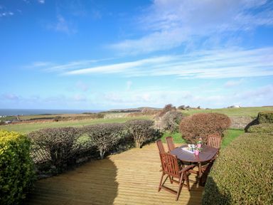 A wooden deck with a table and chairs surrounded by hedges and grassy fields at Yr Orsedd in Llanfaethlu
