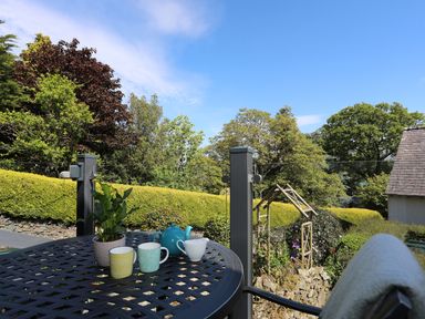 A patio table with teapot mugs and a plant with a garden and trees in the background at Bryn Teg Cottage in Menai Bridge