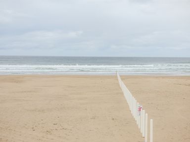 A sandy beach with white posts forming a line toward the ocean at Seacoast Cottage in Castlerock
