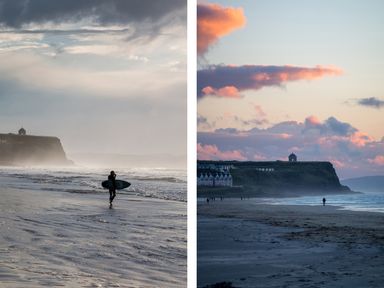 A beach with a person carrying a surfboard in one image and people walking on the shore near cliffs in the other at Seacoast Cottage in Castlerock