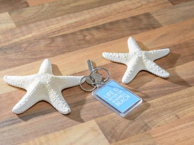 Two white starfish and a key with a blue keychain on a wooden surface at 39 Longbeach Drive in Beadnell