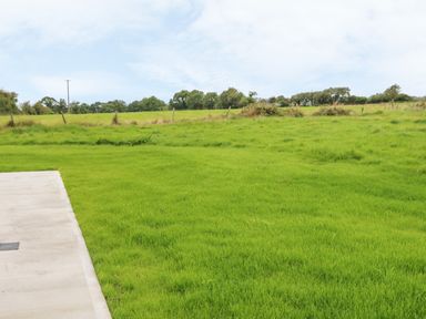 A green grassy field with a concrete path on the left and trees in the distance at Dirreen House Athea near Listowel County Kerry