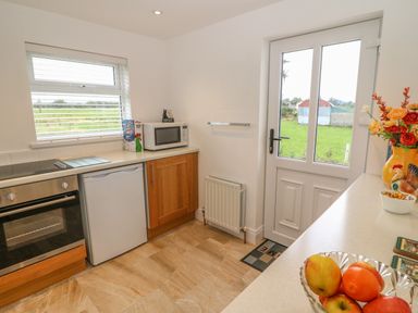 A kitchen with an oven refrigerator microwave and a door with a window at Dirreen House Athea near Listowel County Kerry