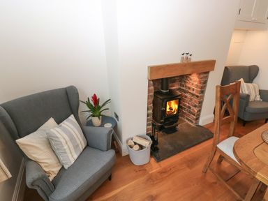 A seating area with two grey armchairs a small side table with a plant a wood burning stove with logs and a wooden dining chair at Copybush Cottage in Lawrenny