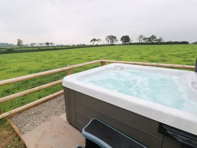 An outdoor hot tub with bubbling water overlooking a green field at Copybush Cottage in Lawrenny
