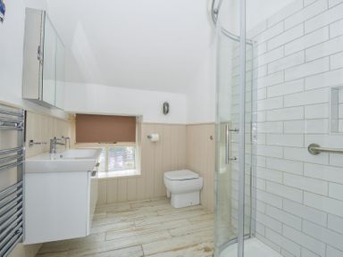 A bathroom with a shower and toilet at Stargazy in Trebarwith Strand near Tintagel