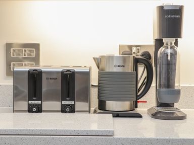 A kitchen counter with a Bosch toaster, a Bosch electric kettle, and a Sodastream machine at Idlewild 2 Wheal Turnavore in St Agnes