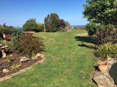 A garden with grass lawn bushes a wooden fence and a shed near the sea at 2 The Close in Robin Hood S Bay