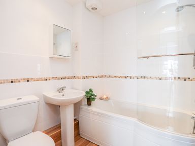 A bathroom with a toilet sink bathtub shower curtain and small plant at Isallt Cove in Trearddur Bay