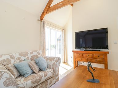 A living room with a floral patterned sofa with cushions a wooden table with a sculpture a wooden TV stand with a flat screen TV and large glass doors at Golden Valley Barn in Oldbury-On-Severn