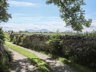 A gravel and grass path beside a stone wall with a metal gate in a rural area with trees and hills in the distance at Y Bwthyn in Brynsiencyn
