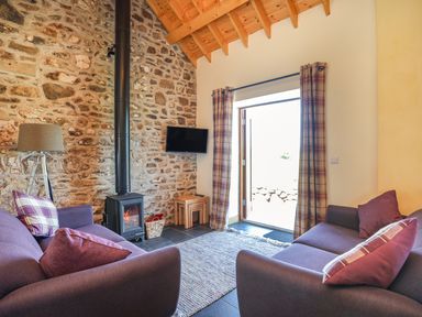 A living room with two sofas a wood stove and a television mounted on a stone wall at Y Bwthyn in Brynsiencyn