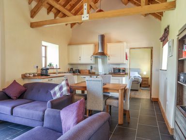 An open-plan kitchen and living room with purple sofas a wooden dining table with grey chairs kitchen cabinets and a doorway leading to a bedroom at Y Bwthyn in Brynsiencyn
