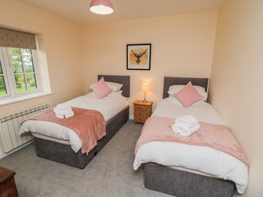 A bedroom with two single beds a nightstand with a lamp and a window at Ryedale Country Lodges - Hazel Lodge Kirkbymoorside