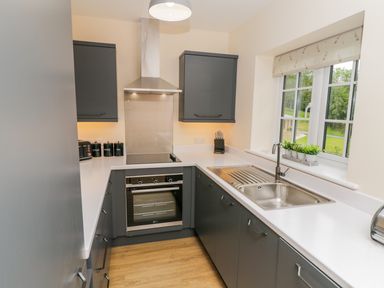 A kitchen with gray cabinets a stainless steel oven sink and window with plants at Ryedale Country Lodges - Hazel Lodge in Kirkbymoorside
