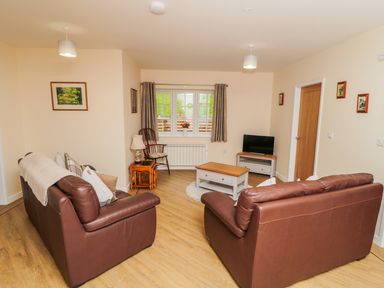 A living room with brown leather sofas a coffee table a tv and a window at Ryedale Country Lodges - Hazel Lodge Kirkbymoorside