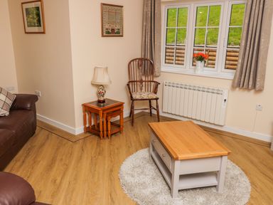 A living room with a wooden coffee table on a round rug a wooden chair a side table with a lamp a window with curtains and a leather sofa at Ryedale Country Lodges - Hazel Lodge in Kirkbymoorside