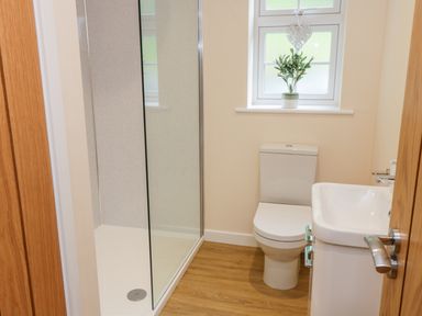 A bathroom with a shower cubicle toilet sink and a window with a plant at Ryedale Country Lodges - Hazel Lodge in Kirkbymoorside