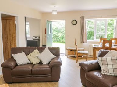 A living room with two brown leather sofas and cushions a dining table with chairs near windows and an open door showing green outside at Ryedale Country Lodges - Hazel Lodge Kirkbymoorside