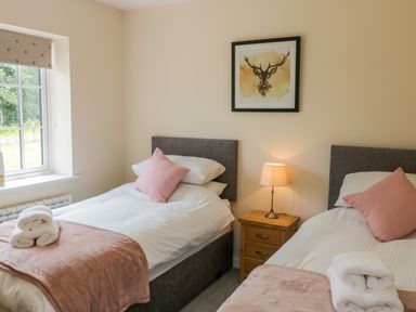 A bedroom with two single beds bedside lamp and a window at Ryedale Country Lodges - Willow Lodge in Kirkbymoorside
