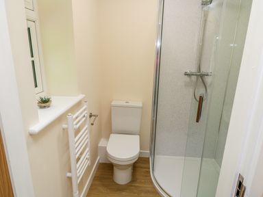 A small bathroom with a toilet next to a corner shower and a towel rack under a window at Ryedale Country Lodges - Willow Lodge in Kirkbymoorside