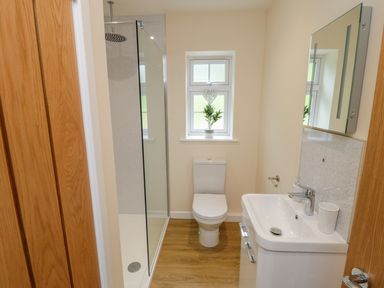 A bathroom with a shower, toilet, sink, and a window with a plant at Ryedale Country Lodges - Willow Lodge Kirkbymoorside