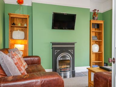 A living room with a green wall a mounted television a fireplace brown leather sofas and wooden shelves at Sefton House in Keswick