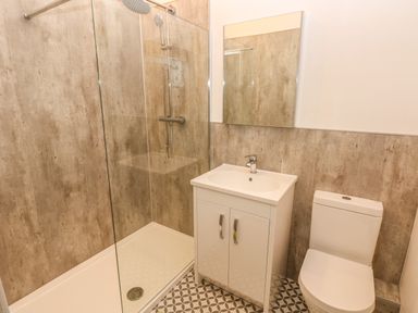 A bathroom with a shower enclosure sink with cabinet and toilet at The Old Farm Shop in Narberth