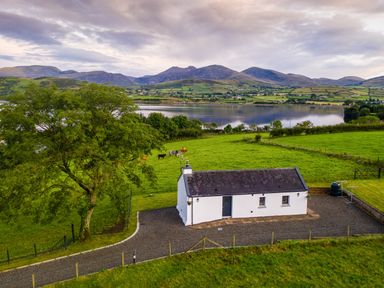 A white cottage with a slate roof beside a gravel driveway and green fields with cows near a lake and mountains at Lough Island Reavy Cottage Kilcoo Mourne Mountains Newry County Down