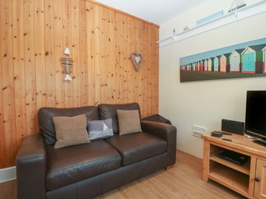 A living room with a brown leather sofa and wooden wall paneling with a television and wooden TV stand at Castell in Abersoch