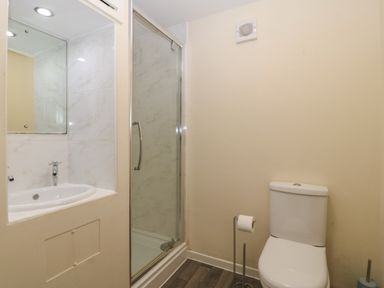 A bathroom with a toilet a toilet paper stand a shower with glass door and a sink in Castell Abersoch