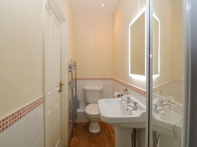 A small bathroom with a toilet sink mirror and towel rack at Castell in Abersoch