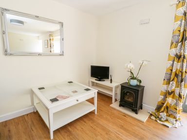 A living room with a glass top coffee table a small television a stove and yellow patterned curtains at Puddleducks in Sherborne