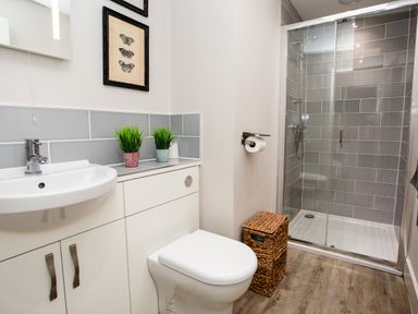 A bathroom with a toilet, shower, and sink at Cowslip in Bamburgh