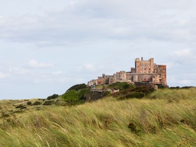 A castle on a hill surrounded by grass at Cowslip in Bamburgh