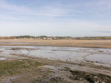 A coastal view showing muddy tidal flats with scattered buoys and a distant town across the water