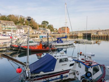 A harbor with various boats docked near buildings and a pier at Sunflower Cottage in St Issey