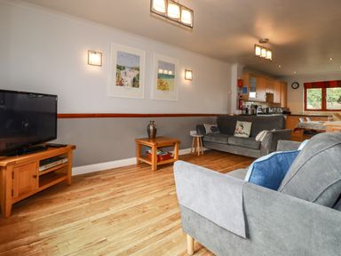 A living room with gray sofas a wooden coffee table a television on a wooden stand and a kitchen in the background at Sunflower Cottage in St Issey