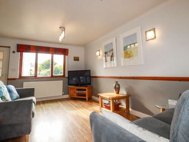 A living room with two grey sofas a wooden coffee table a television on a wooden stand and framed pictures on the wall at Sunflower Cottage in St Issey