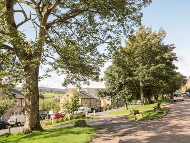 A street with parked cars trees grass and houses in the background at Simonside Apartment in Rothbury