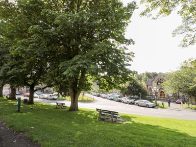 A park with benches and large trees next to a street with parked cars and a stone building in the background at Simonside Apartment in Rothbury