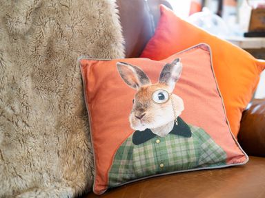 A close up of two orange cushions on a brown leather sofa one cushion has a rabbit wearing a green coat and monocle print with a beige fur throw