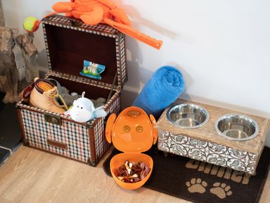 A pet care area with a toy chest containing toys and boots a rolled blue towel an orange pet treat holder and a double wooden pet food dish at Bear Cottage in Chacewater near Truro