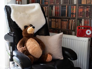 A black armchair with a brown teddy bear and a gray pillow in front of a bookshelf wallpaper and a red radio on a white radiator at Bear Cottage in Chacewater near Truro