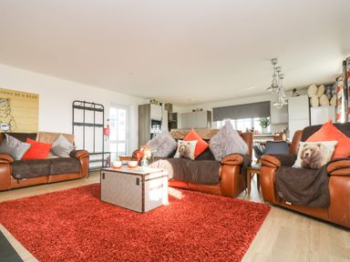 A living room with brown leather sofas red cushions and a red rug at Bear Cottage in Chacewater near Truro