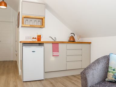A kitchenette with a small fridge sink kettle glasses and a bowl on the counter at The Crest in Helston